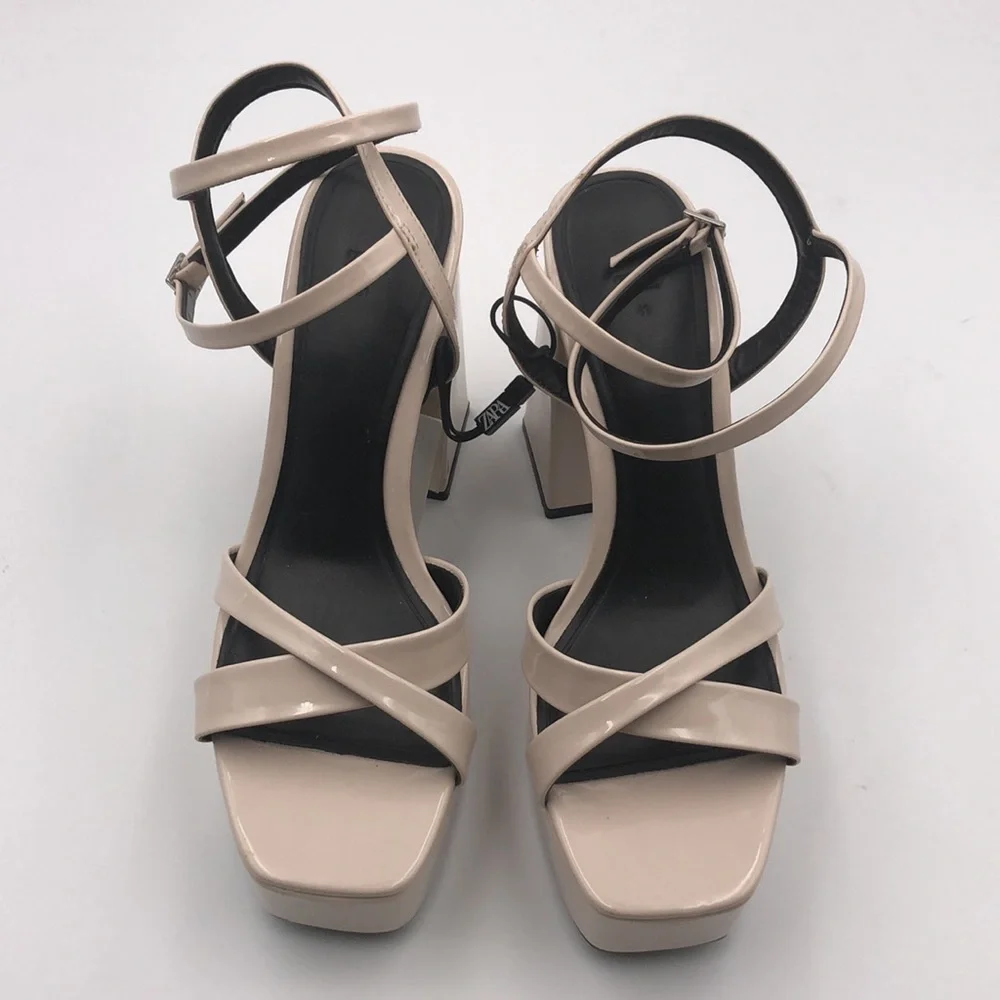 Zara Beige Patent Leather Platform High Heel Sandals